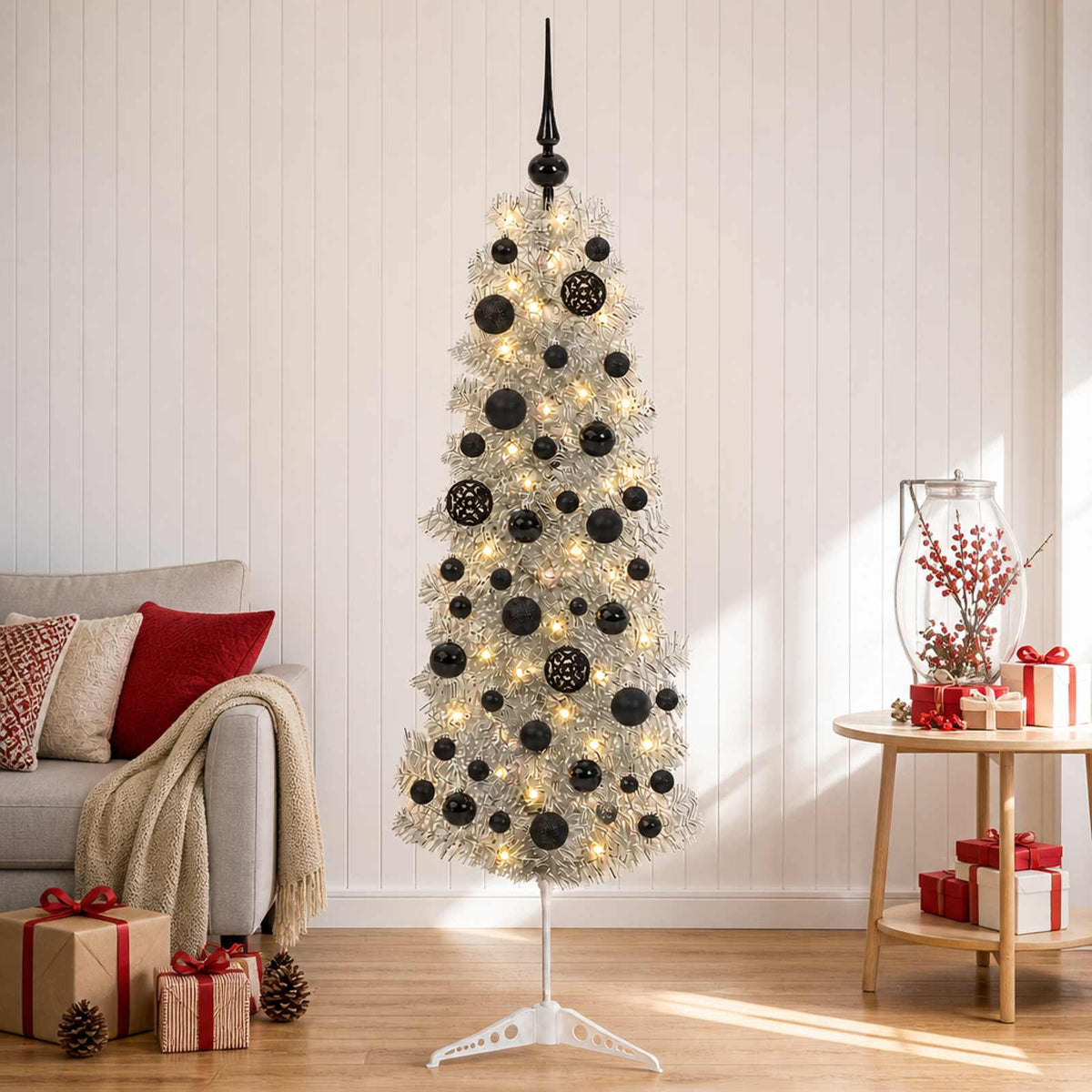 vidaXL Artificial Slim Christmas Tree with Bauble 150 cm 150 LEDs