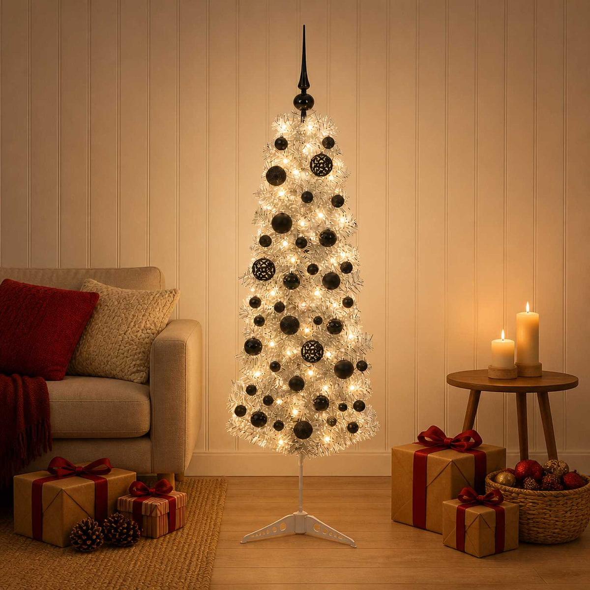 vidaXL Artificial Slim Christmas Tree with Bauble 150 cm 150 LEDs