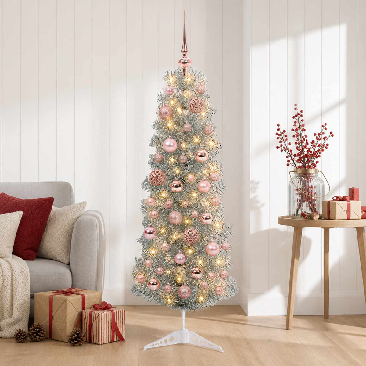 vidaXL Artificial Slim Christmas Tree with Bauble 150 cm 150 LEDs