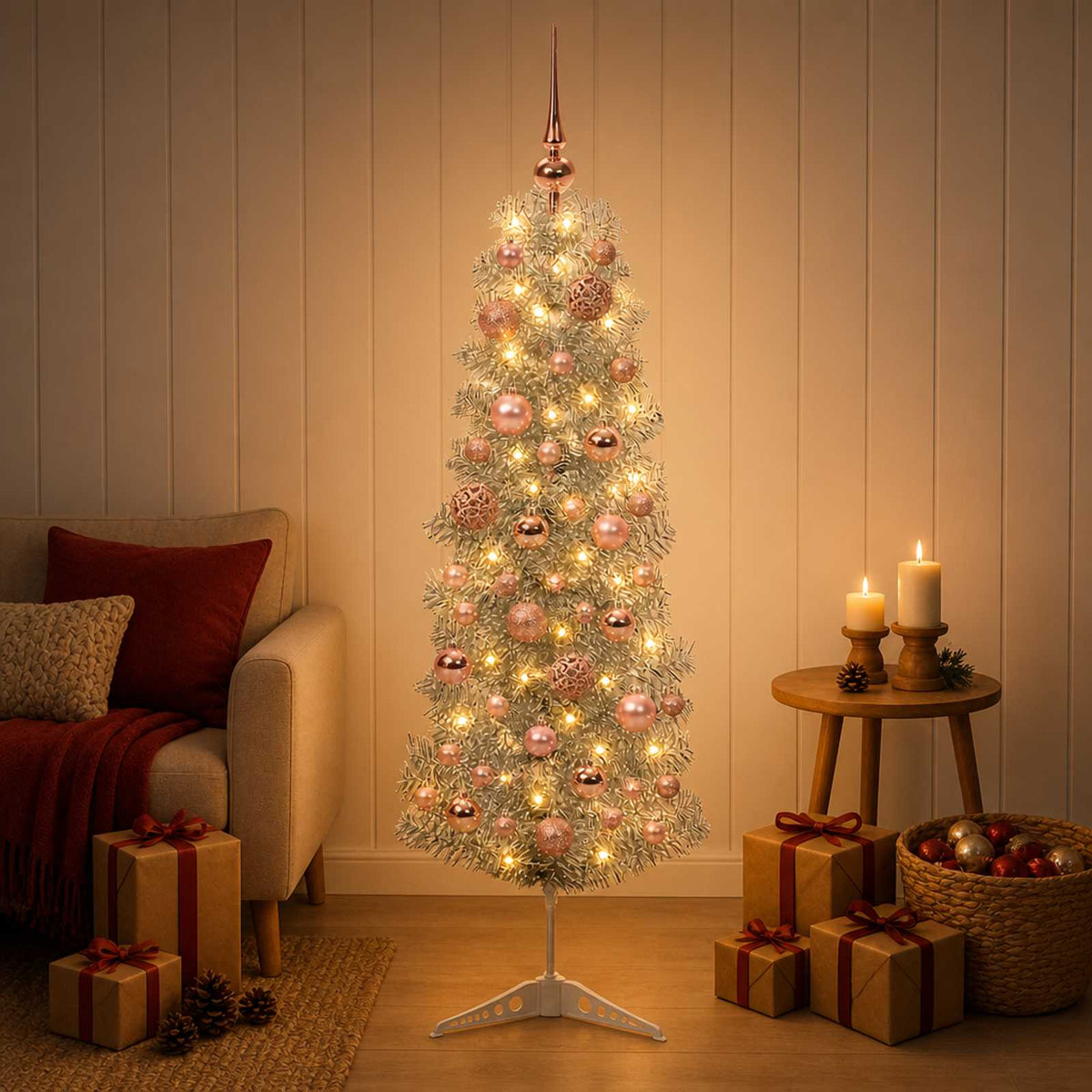 vidaXL Artificial Slim Christmas Tree with Bauble 150 cm 150 LEDs