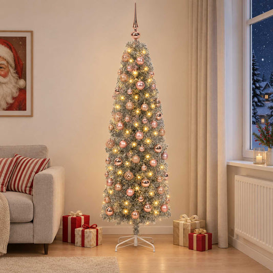 vidaXL Artificial Slim Christmas Tree with Bauble 180 cm 300 LEDs