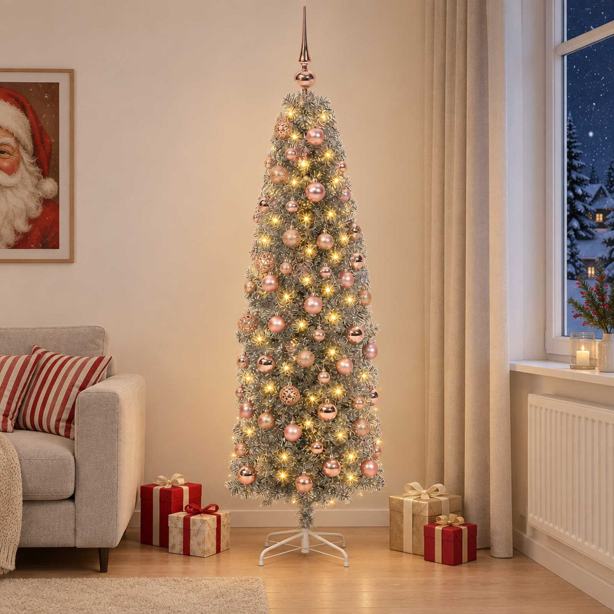 vidaXL Artificial Slim Christmas Tree with Bauble 240 cm 300 LEDs