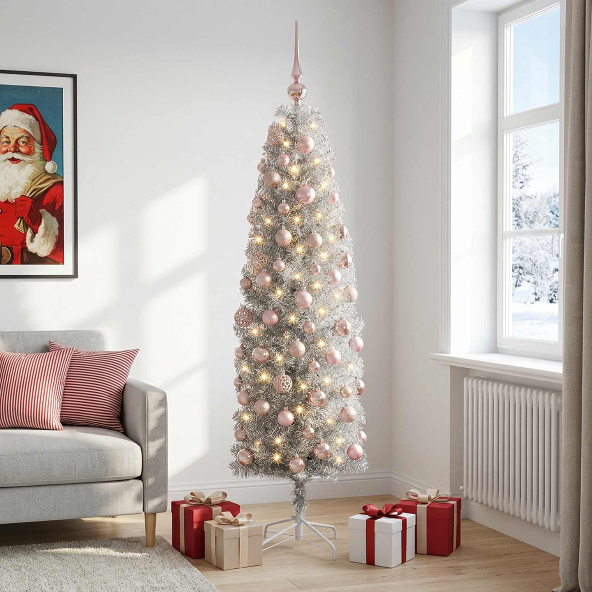 vidaXL Artificial Slim Christmas Tree with Bauble 240 cm 300 LEDs