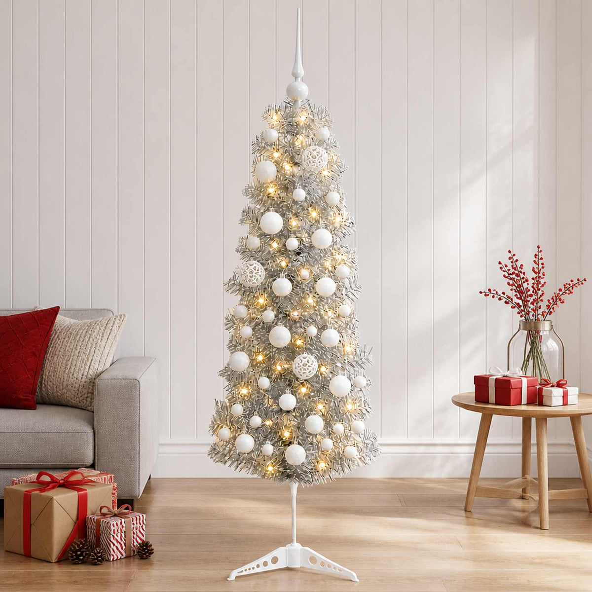 vidaXL Artificial Slim Christmas Tree with Bauble 150 cm 150 LEDs