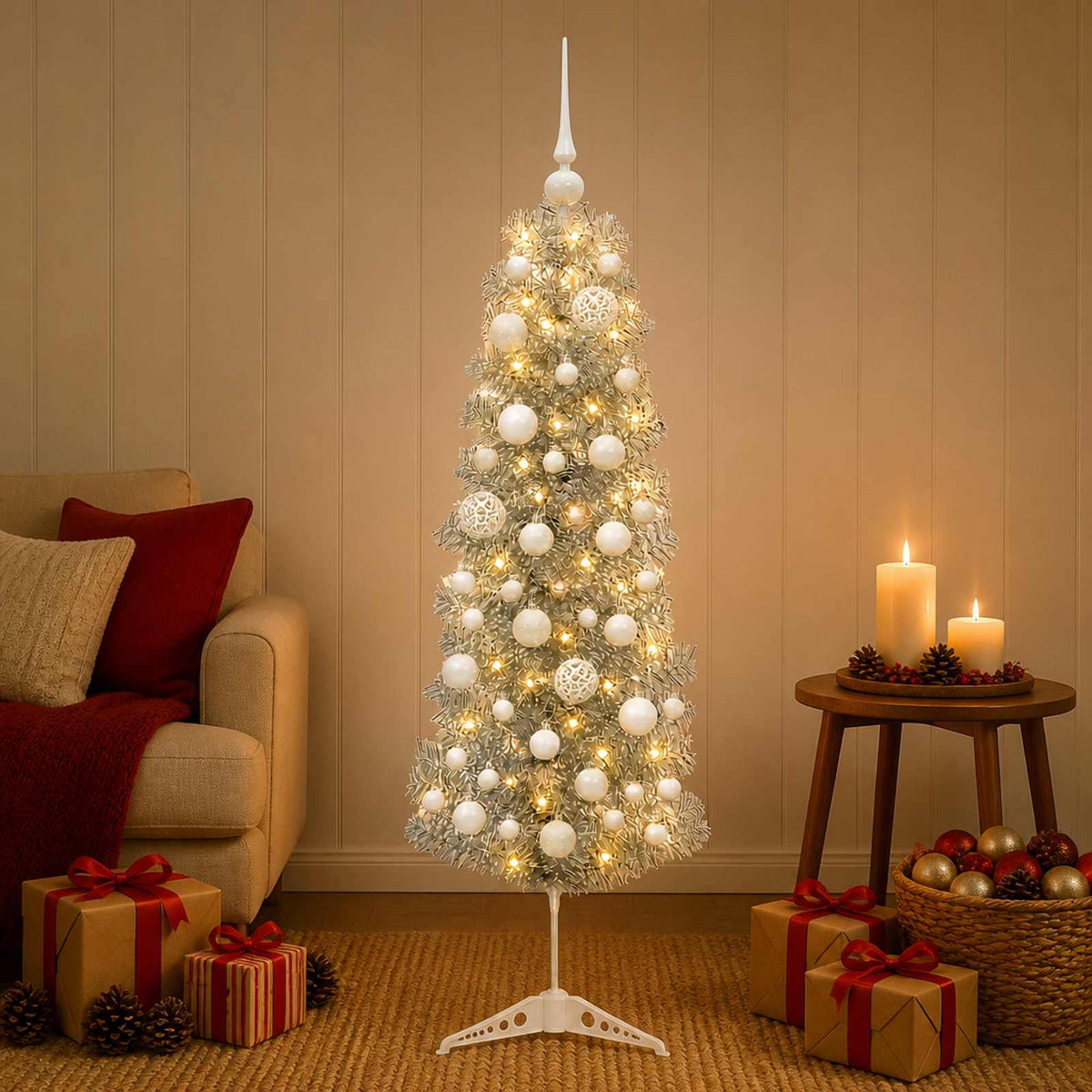 vidaXL Artificial Slim Christmas Tree with Bauble 150 cm 150 LEDs