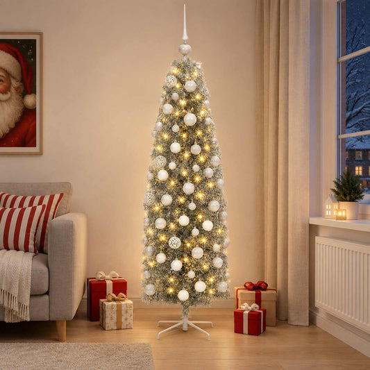 vidaXL Artificial Slim Christmas Tree with Bauble 180 cm 300 LEDs