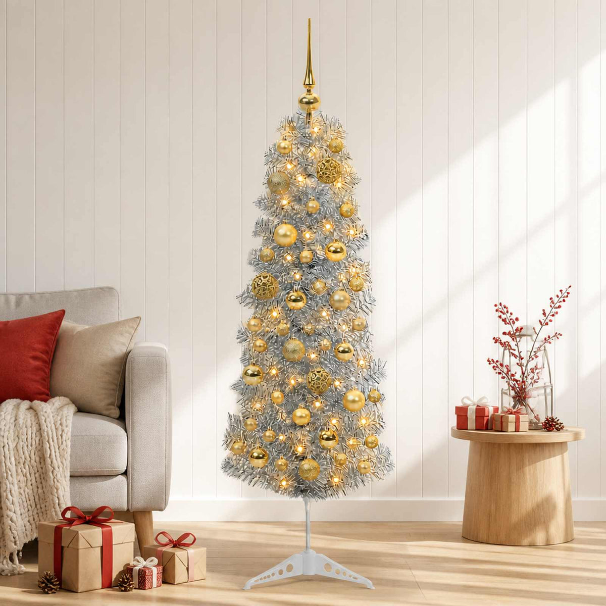 vidaXL Artificial Slim Christmas Tree with Bauble 150 cm 150 LEDs