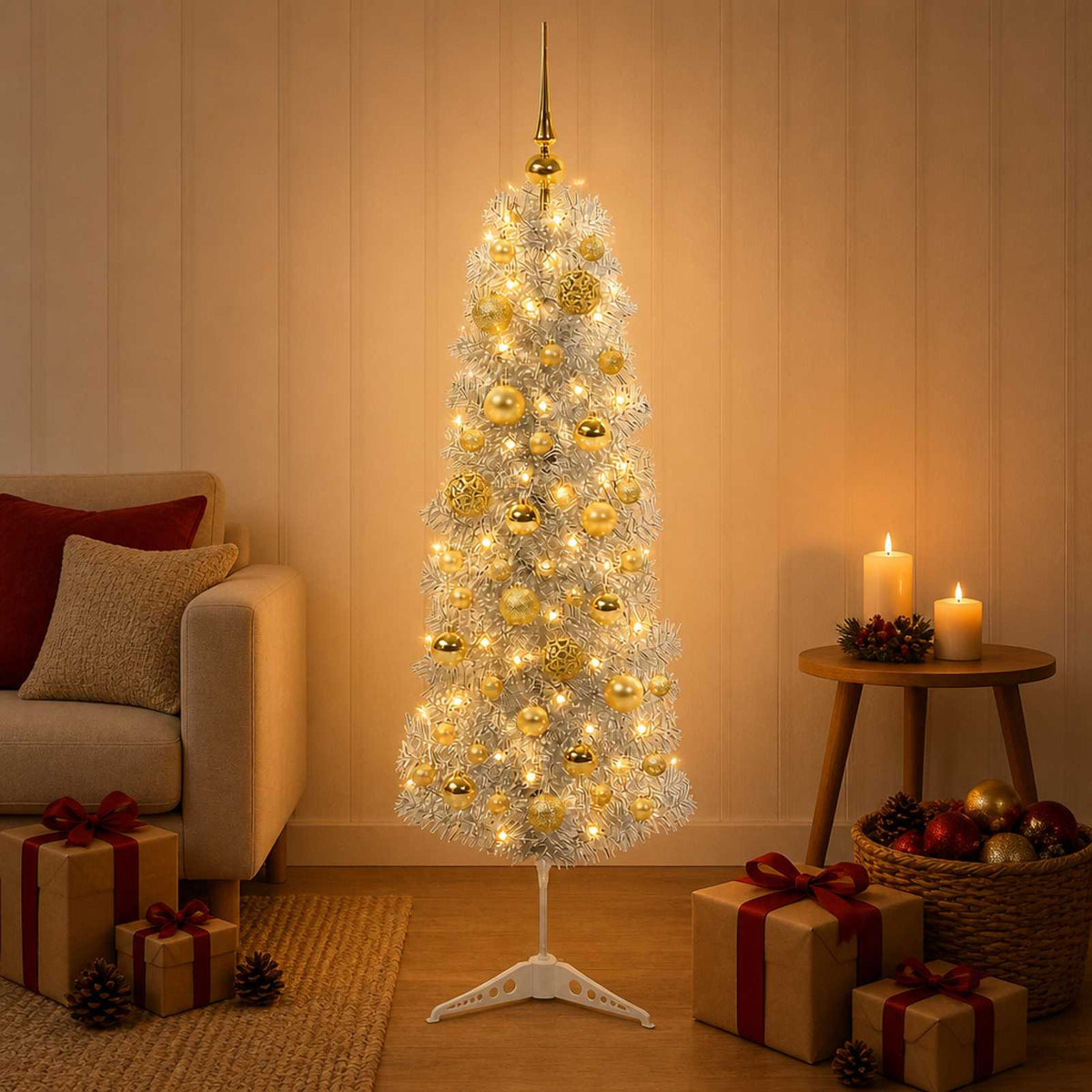 vidaXL Artificial Slim Christmas Tree with Bauble 150 cm 150 LEDs