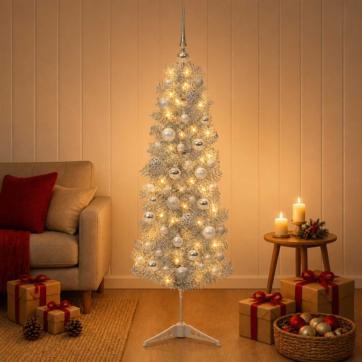 vidaXL Artificial Slim Christmas Tree with Bauble 150 cm 150 LEDs