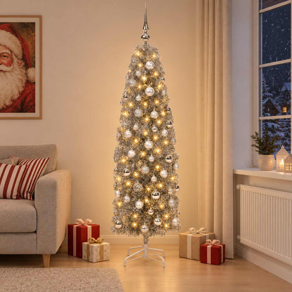 vidaXL Artificial Slim Christmas Tree with Bauble 240 cm 300 LEDs