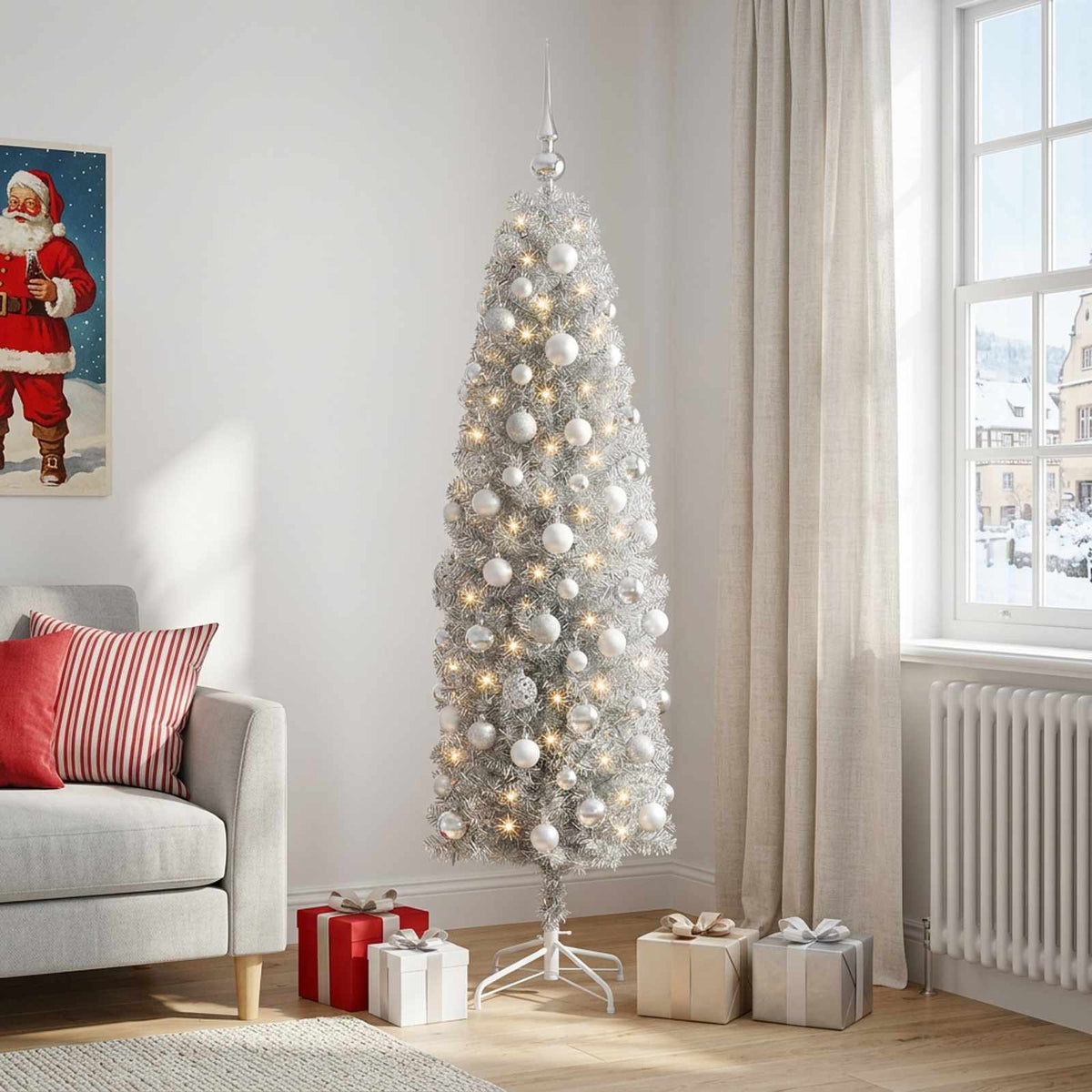vidaXL Artificial Slim Christmas Tree with Bauble 180 cm 300 LEDs
