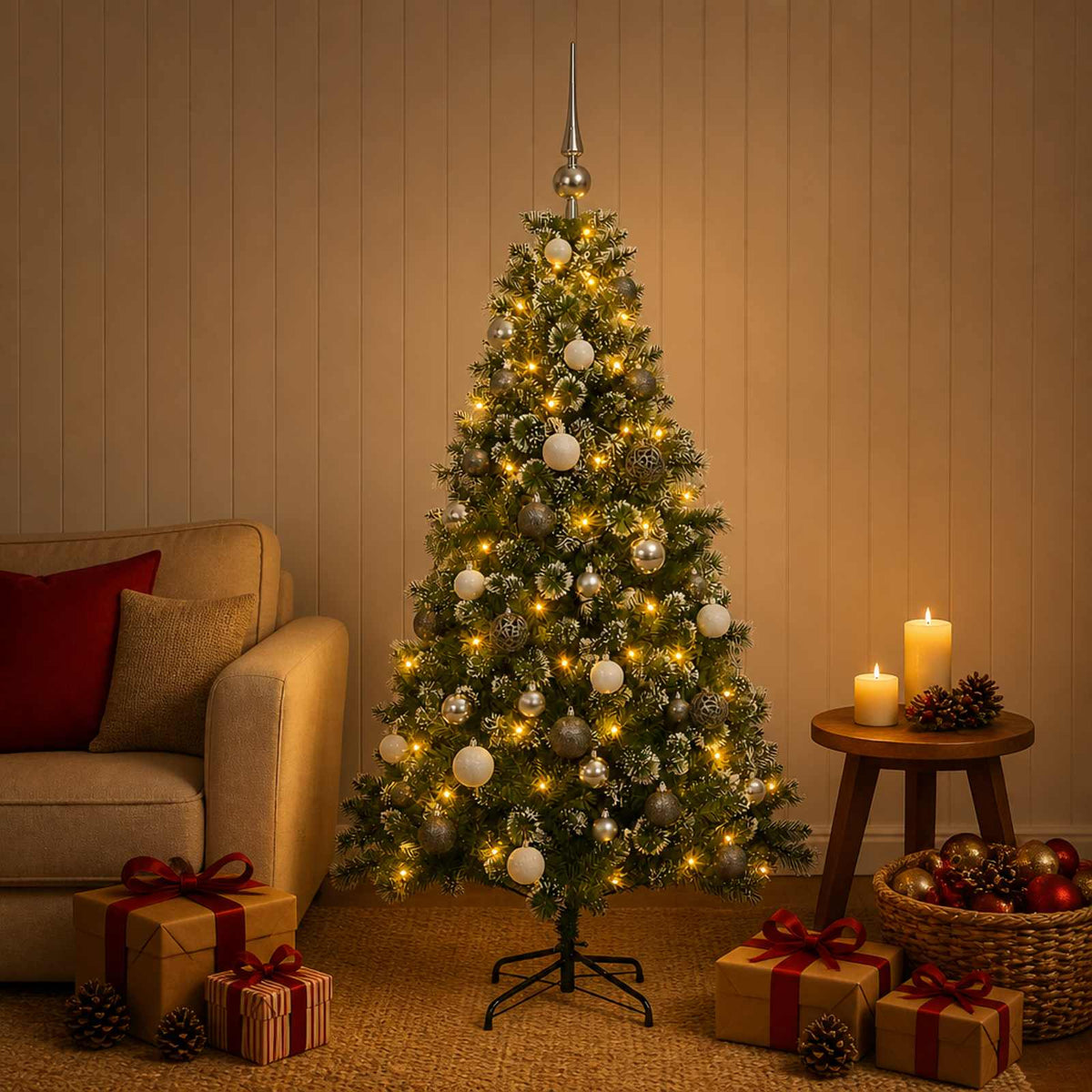 vidaXL Artificial Christmas Tree with Bauble 120 cm 150 LEDs