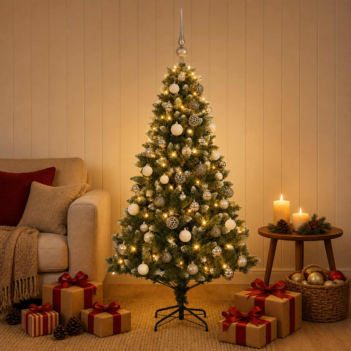 vidaXL Artificial Christmas Tree with Bauble 120 cm 150 LEDs