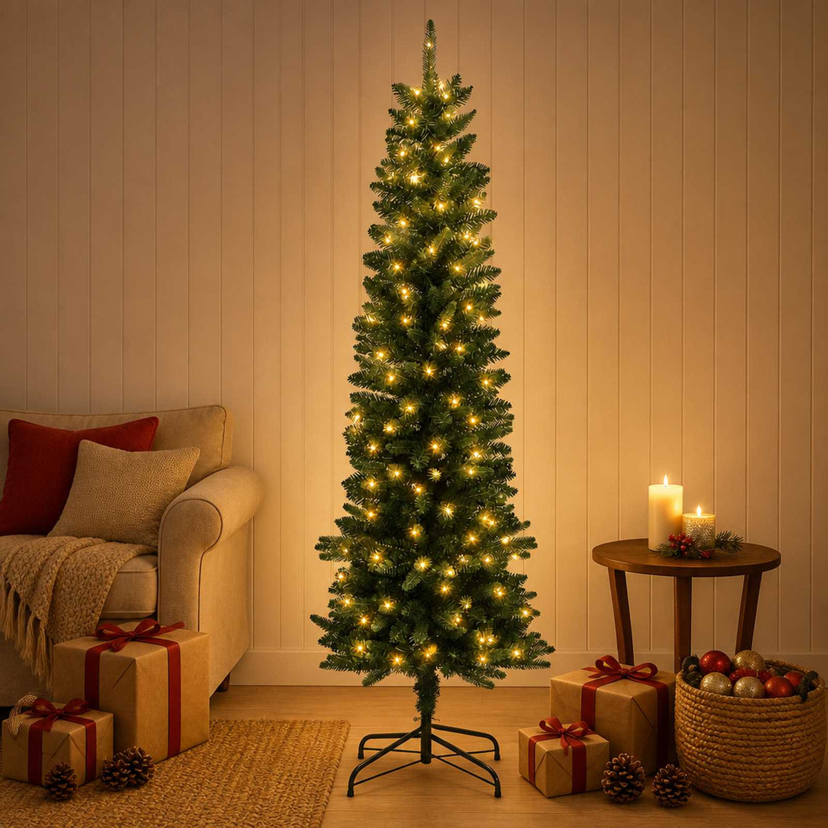 vidaXL Artificial Slim Christmas Tree 150 cm 150 LEDs Warm White
