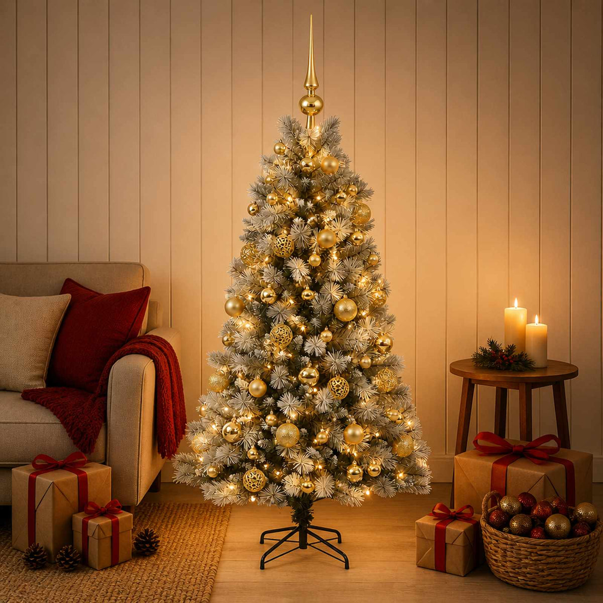 vidaXL Artificial Hinged Christmas Tree with Baubles 120 cm 150 LEDs