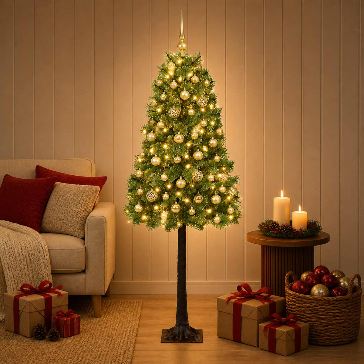 vidaXL Artificial Hinged Christmas Tree with Baubles 150 cm 150 LEDs
