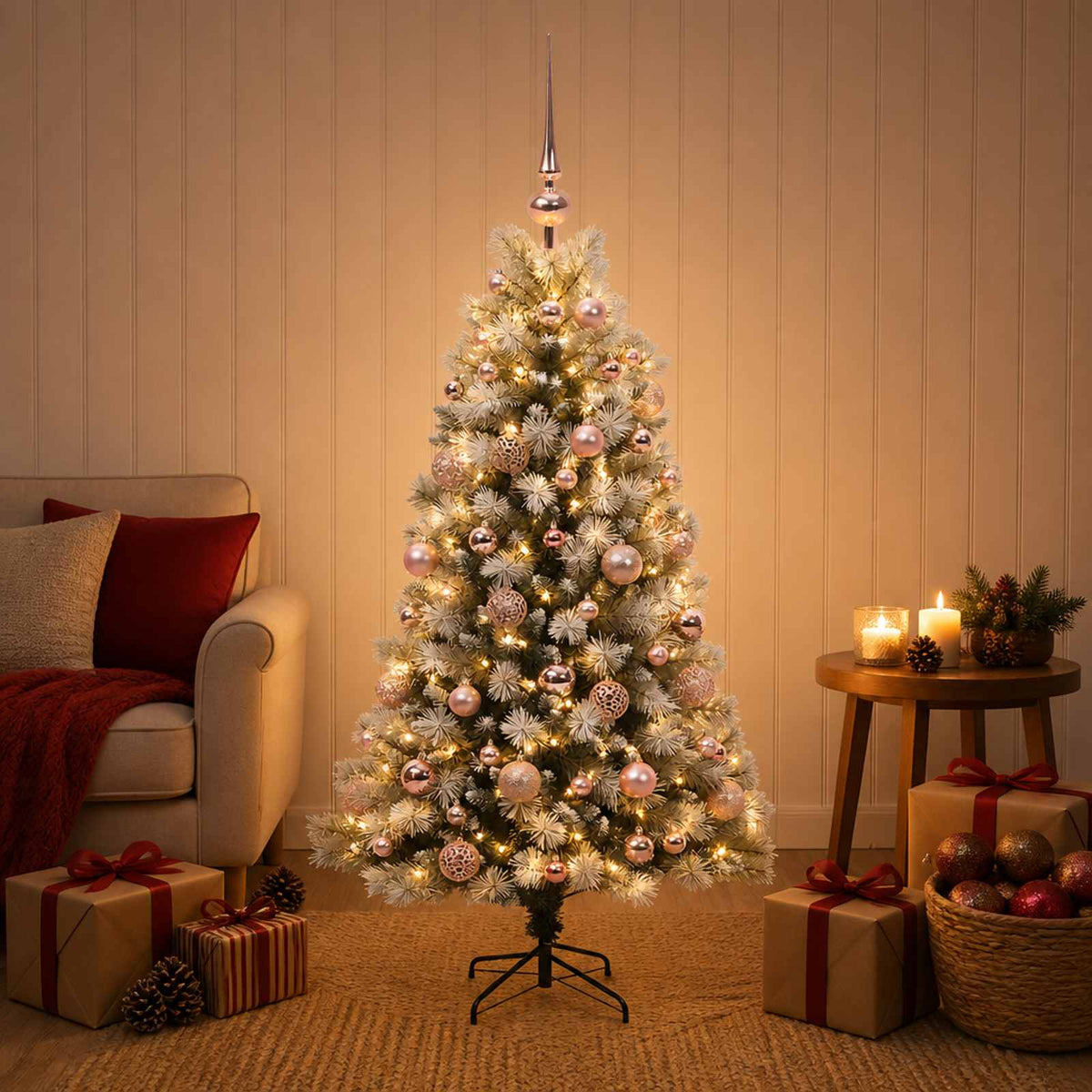 vidaXL Artificial Hinged Christmas Tree with Baubles 120 cm 150 LEDs