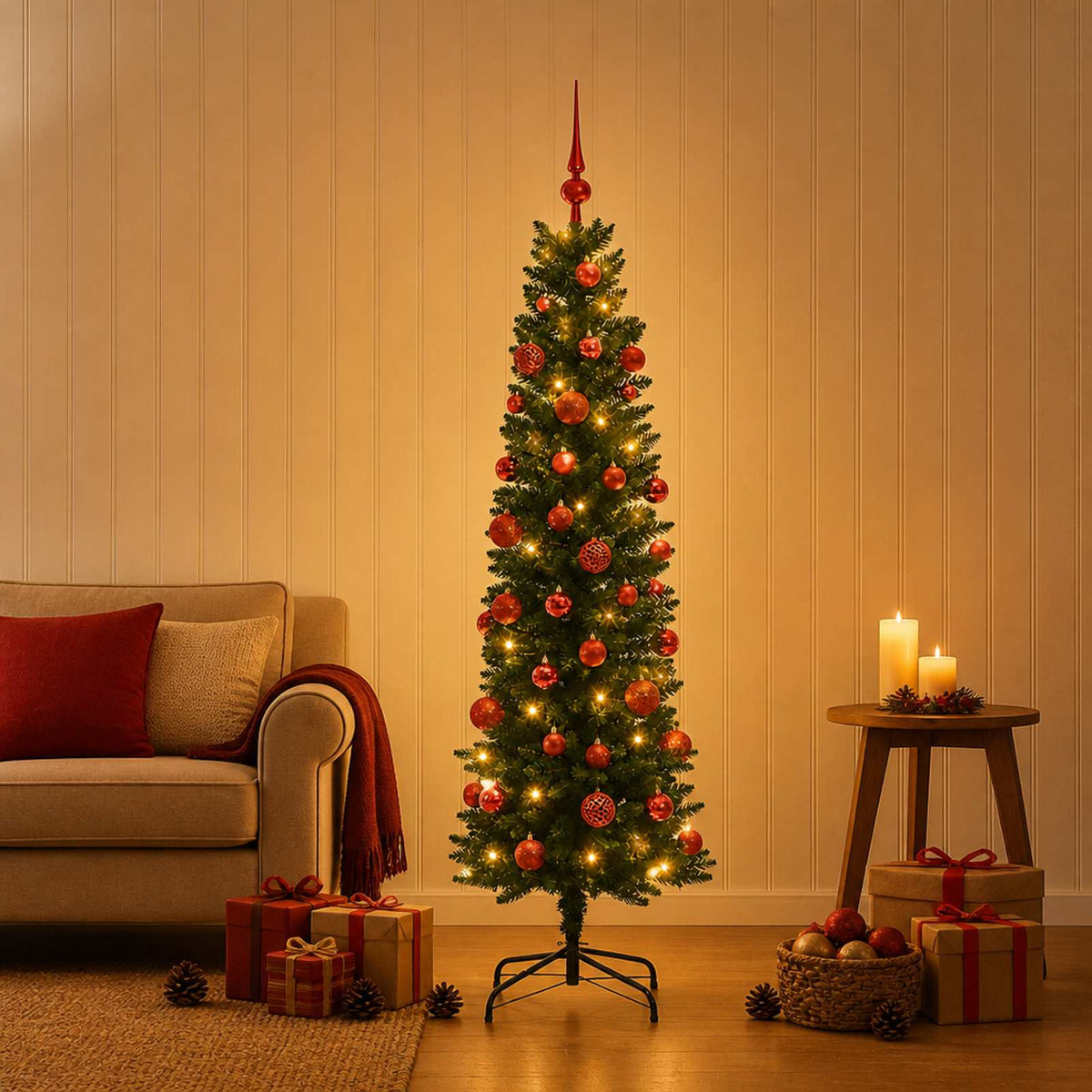 vidaXL Artificial Slim Christmas Tree with Bauble 120 cm 150 LEDs
