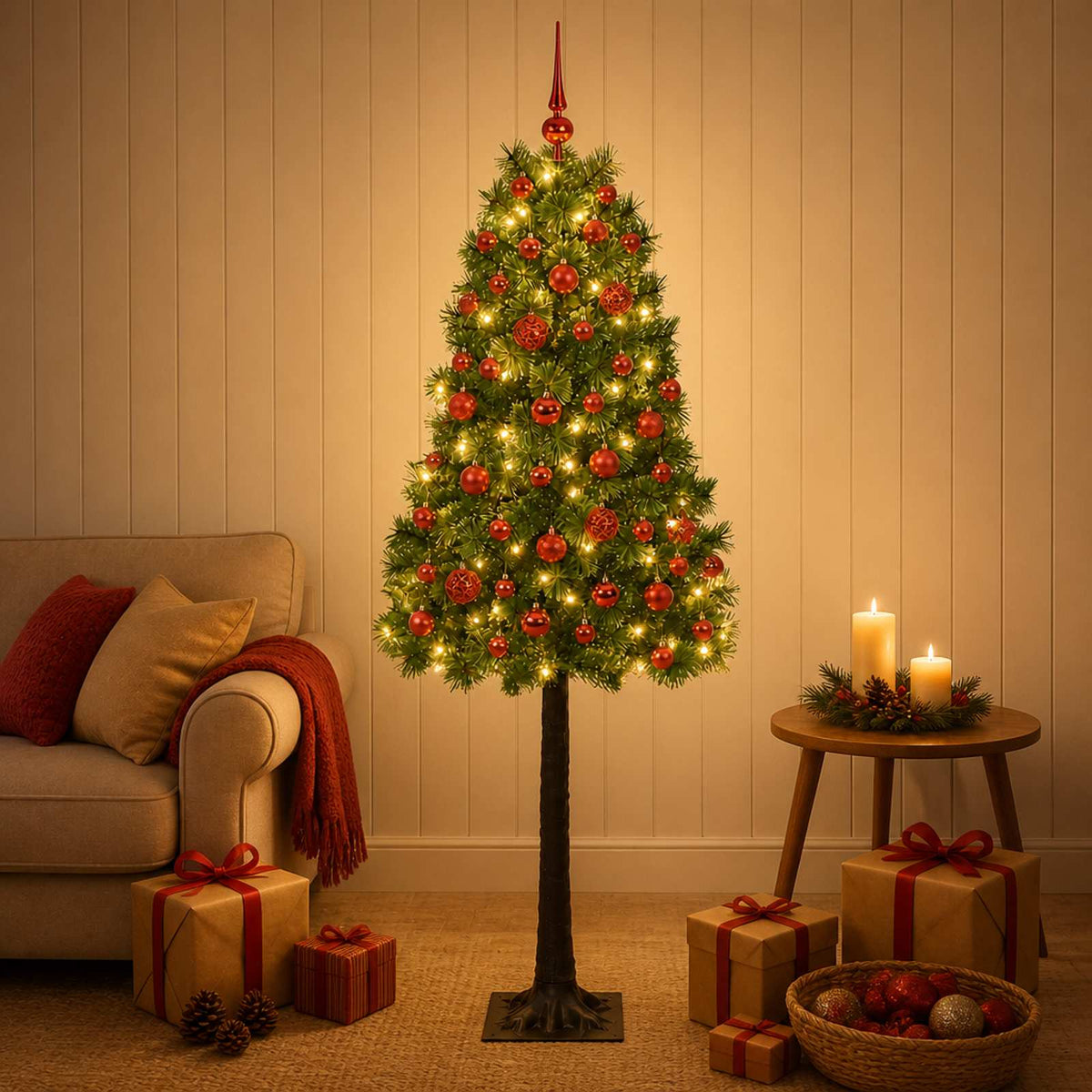 vidaXL Artificial Hinged Christmas Tree with Baubles 150 cm 150 LEDs