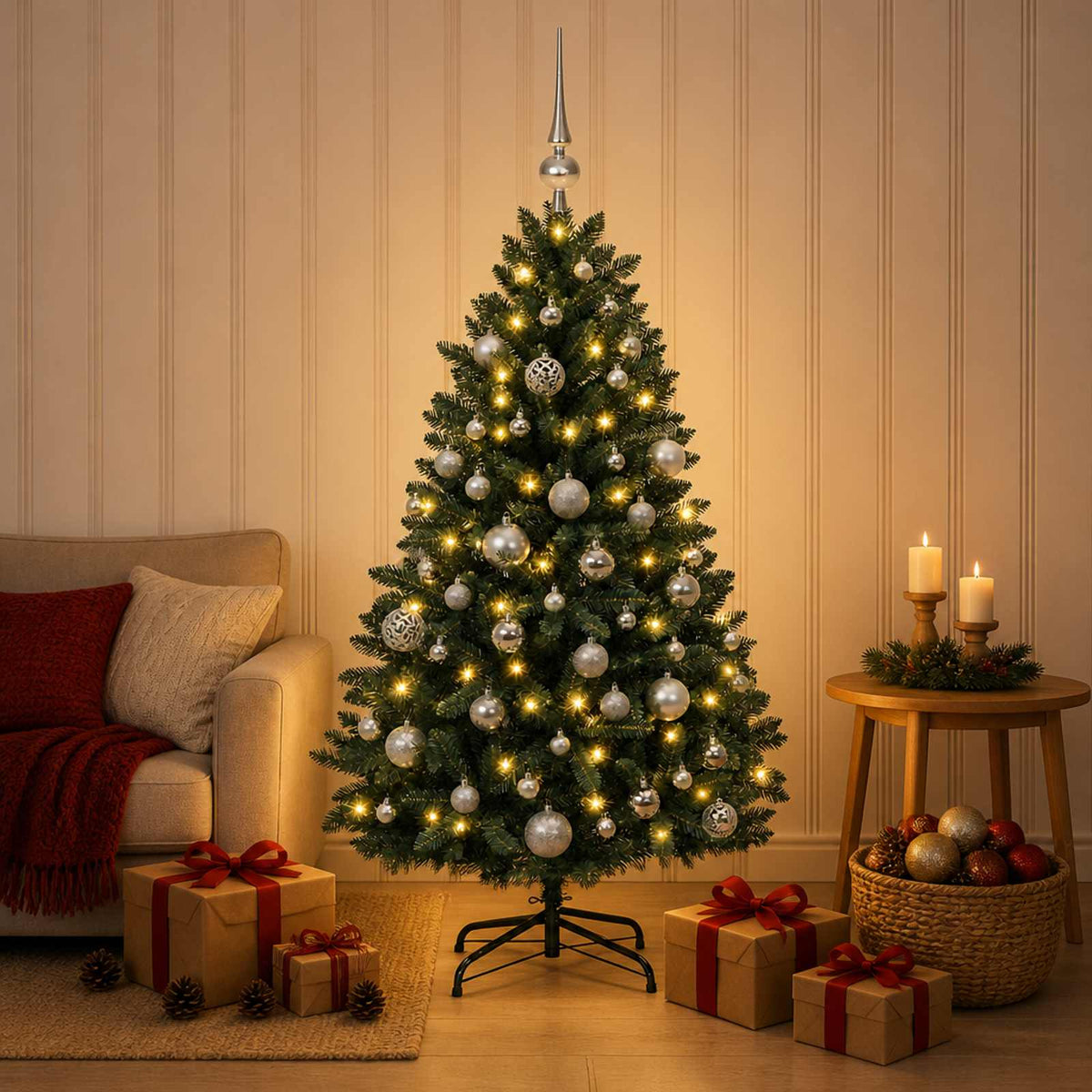 vidaXL Artificial Christmas Tree Dark Green with Baubles 150 cm