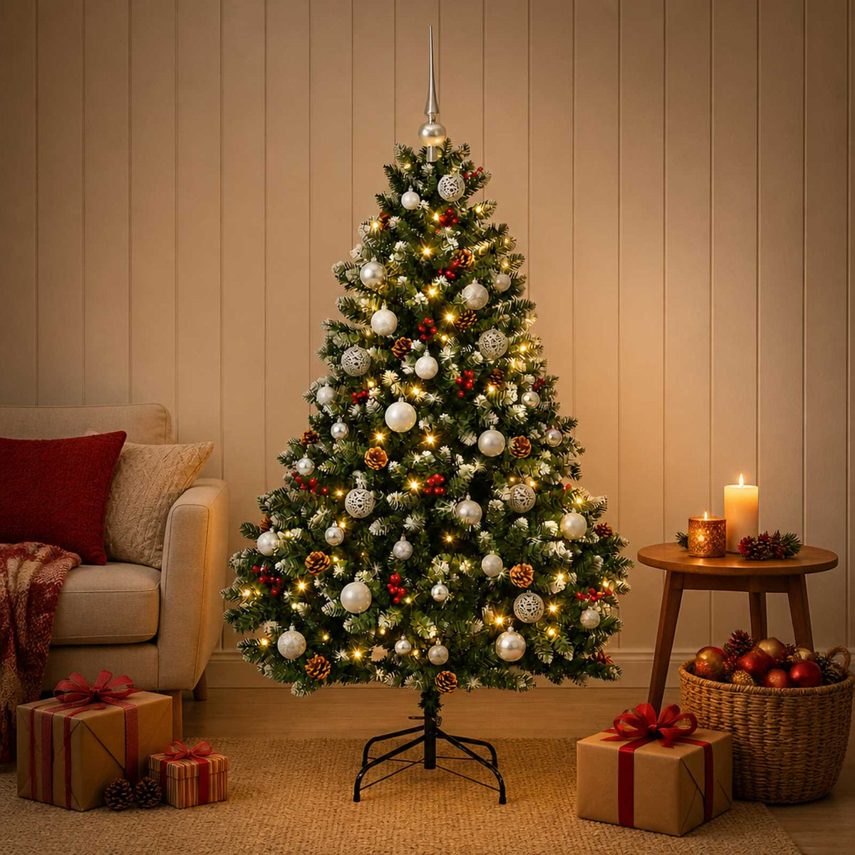 vidaXL Artificial Christmas Tree Green with Baubles 180 cm 300 LEDs
