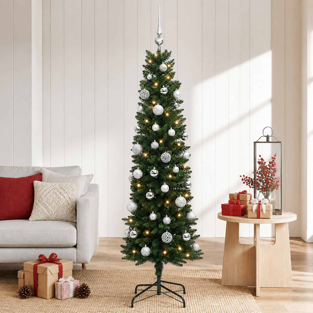 vidaXL Artificial Slim Christmas Tree with Bauble 150 cm 150 LEDs