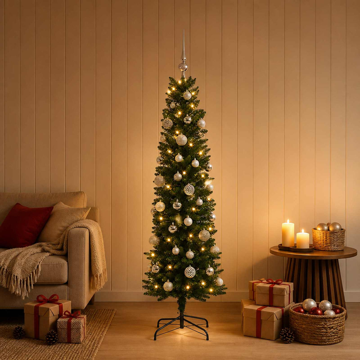 vidaXL Artificial Slim Christmas Tree with Bauble 120 cm 150 LEDs