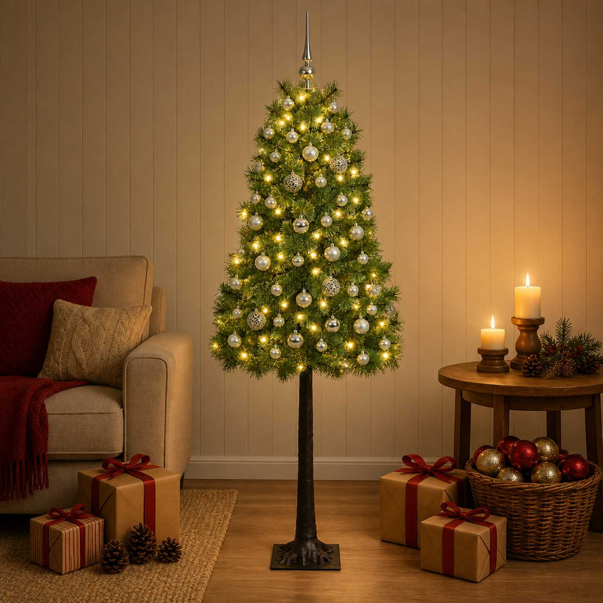 vidaXL Artificial Hinged Christmas Tree with Baubles 150 cm 150 LEDs