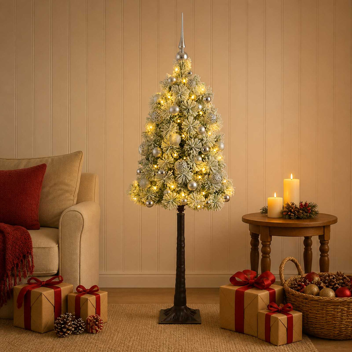 vidaXL Artificial Hinged Christmas Tree with Baubles 150 cm 150 LEDs
