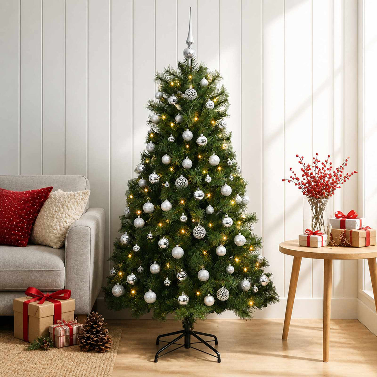 vidaXL Artificial Hinged Christmas Tree with Baubles 150 cm 150 LEDs