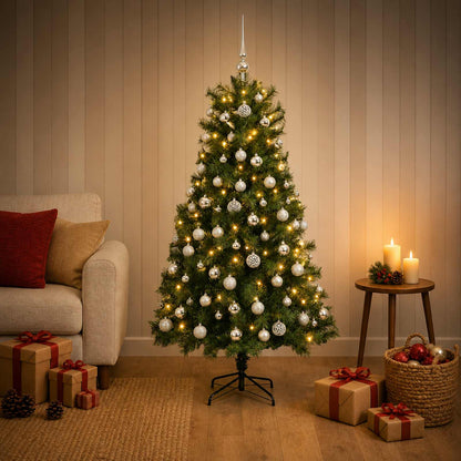 vidaXL Artificial Hinged Christmas Tree with Baubles 150 cm 150 LEDs