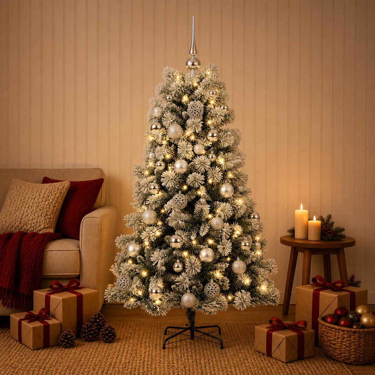 vidaXL Artificial Hinged Christmas Tree with Baubles 150 cm 150 LEDs