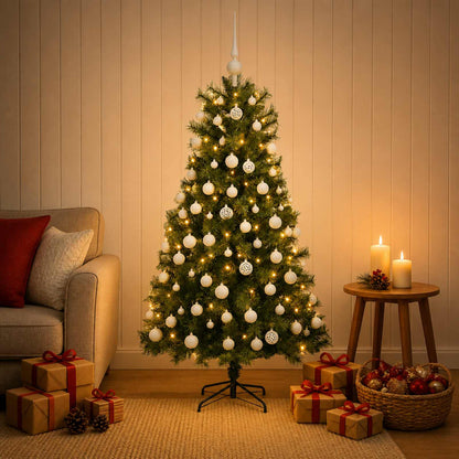 vidaXL Artificial Hinged Christmas Tree with Baubles 150 cm 150 LEDs
