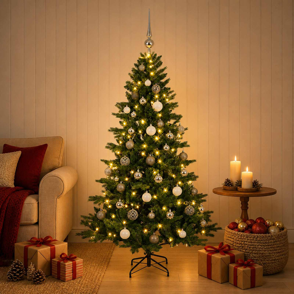 vidaXL Artificial Christmas Tree with Bauble 120 cm 150 LEDs