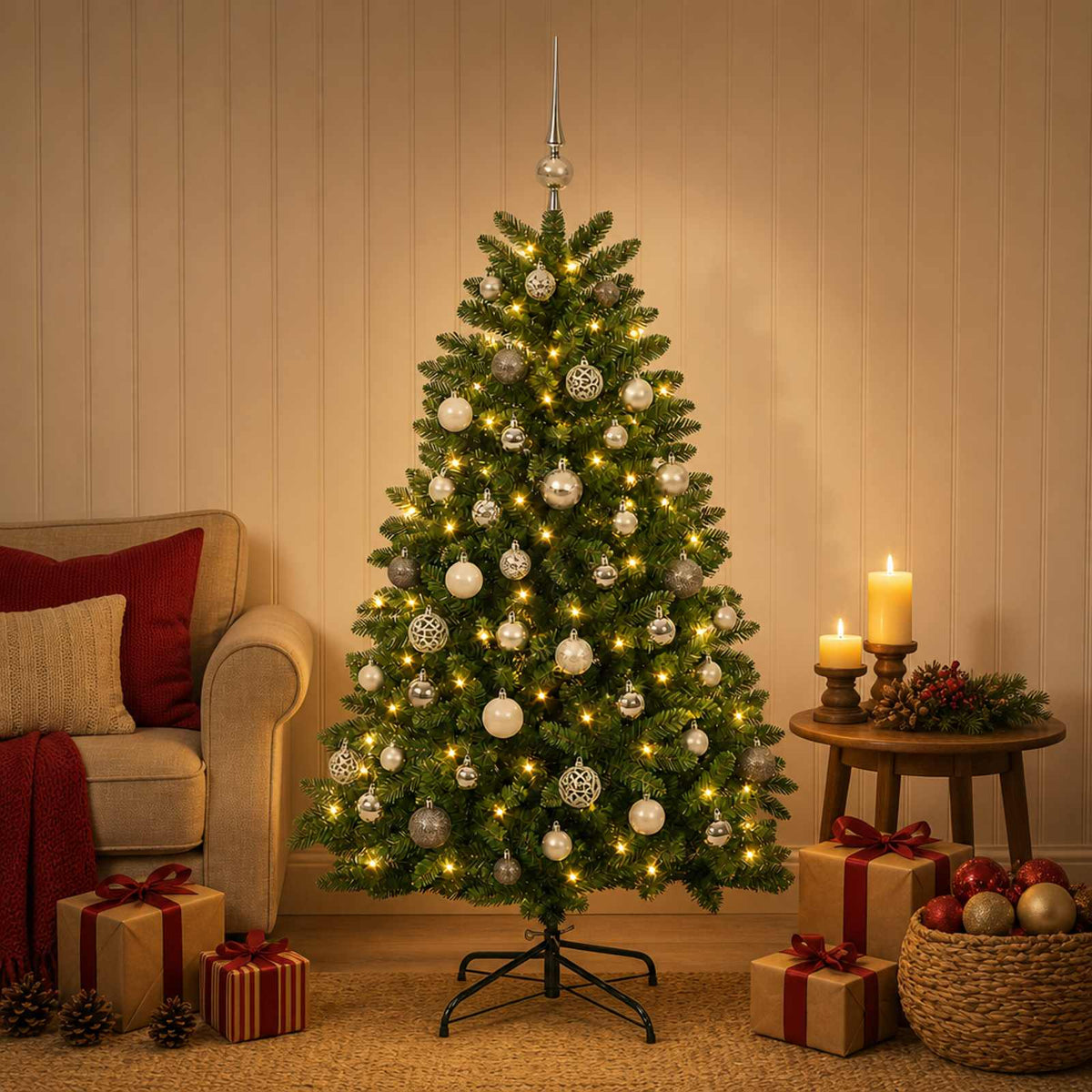 vidaXL Artificial Christmas Tree Mid-green with Bauble 150 cm 150 LEDs