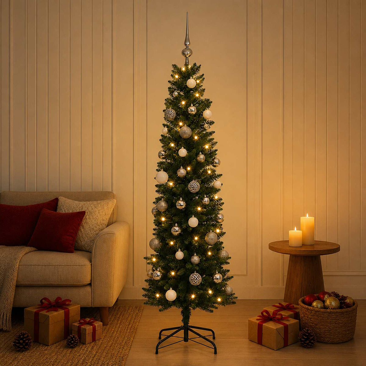vidaXL Artificial Slim Christmas Tree with Baubles 150 cm 150 LEDs