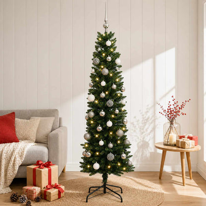 vidaXL Artificial Slim Christmas Tree with Baubles 150 cm 150 LEDs