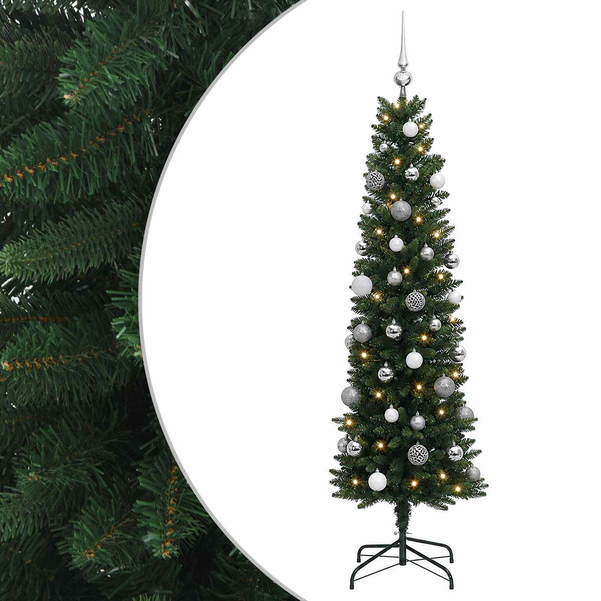 vidaXL Artificial Slim Christmas Tree with Baubles 150 cm 150 LEDs