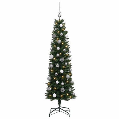 vidaXL Artificial Slim Christmas Tree with Baubles 150 cm 150 LEDs