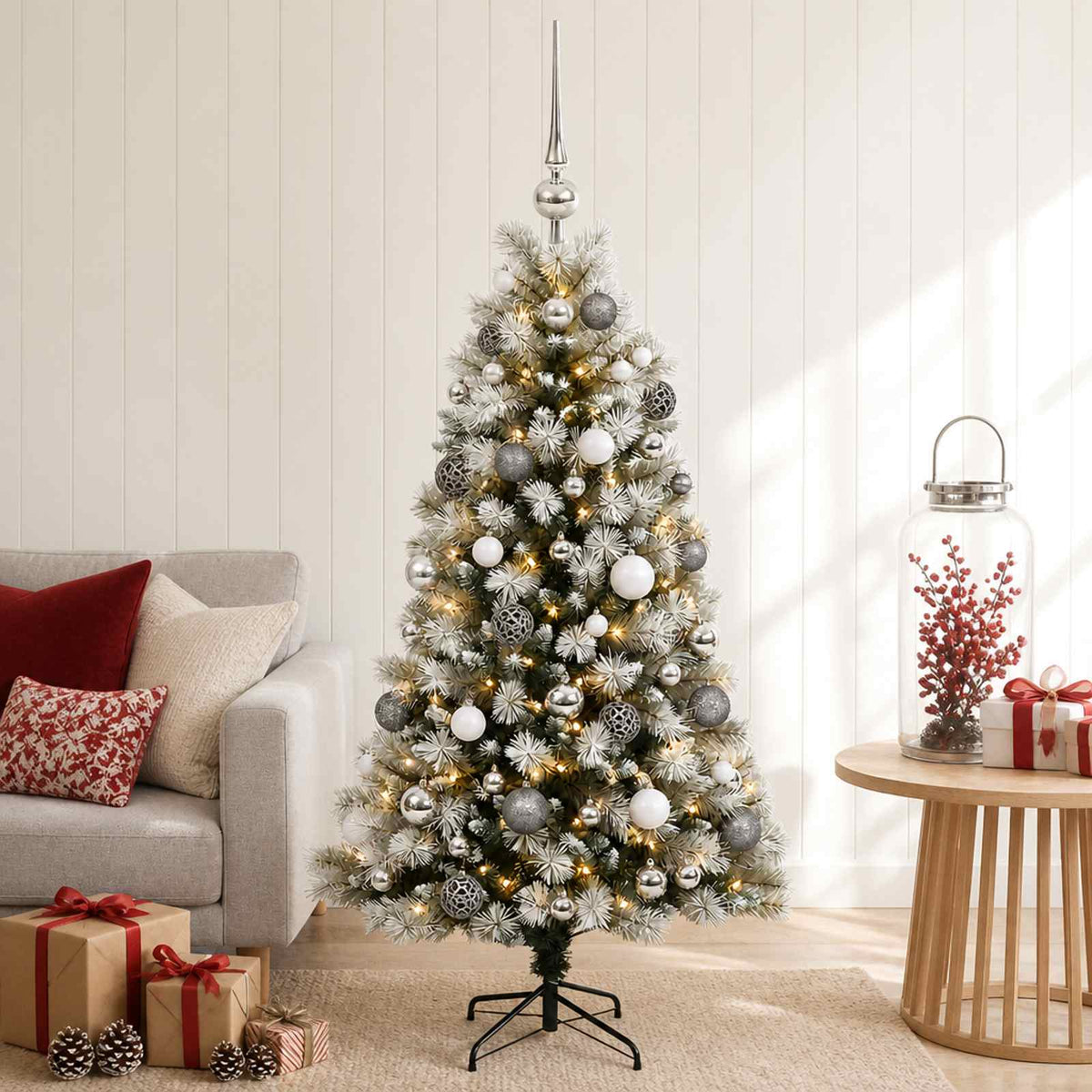 vidaXL Artificial Hinged Christmas Tree with Baubles 150 cm 150 LEDs