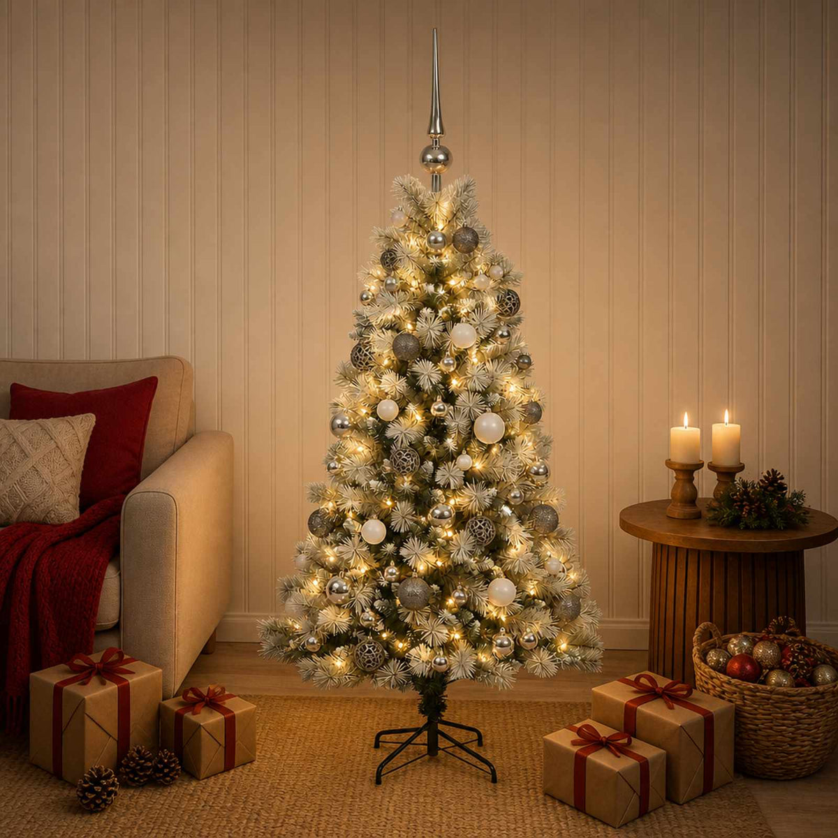 vidaXL Artificial Hinged Christmas Tree with Baubles 150 cm 150 LEDs