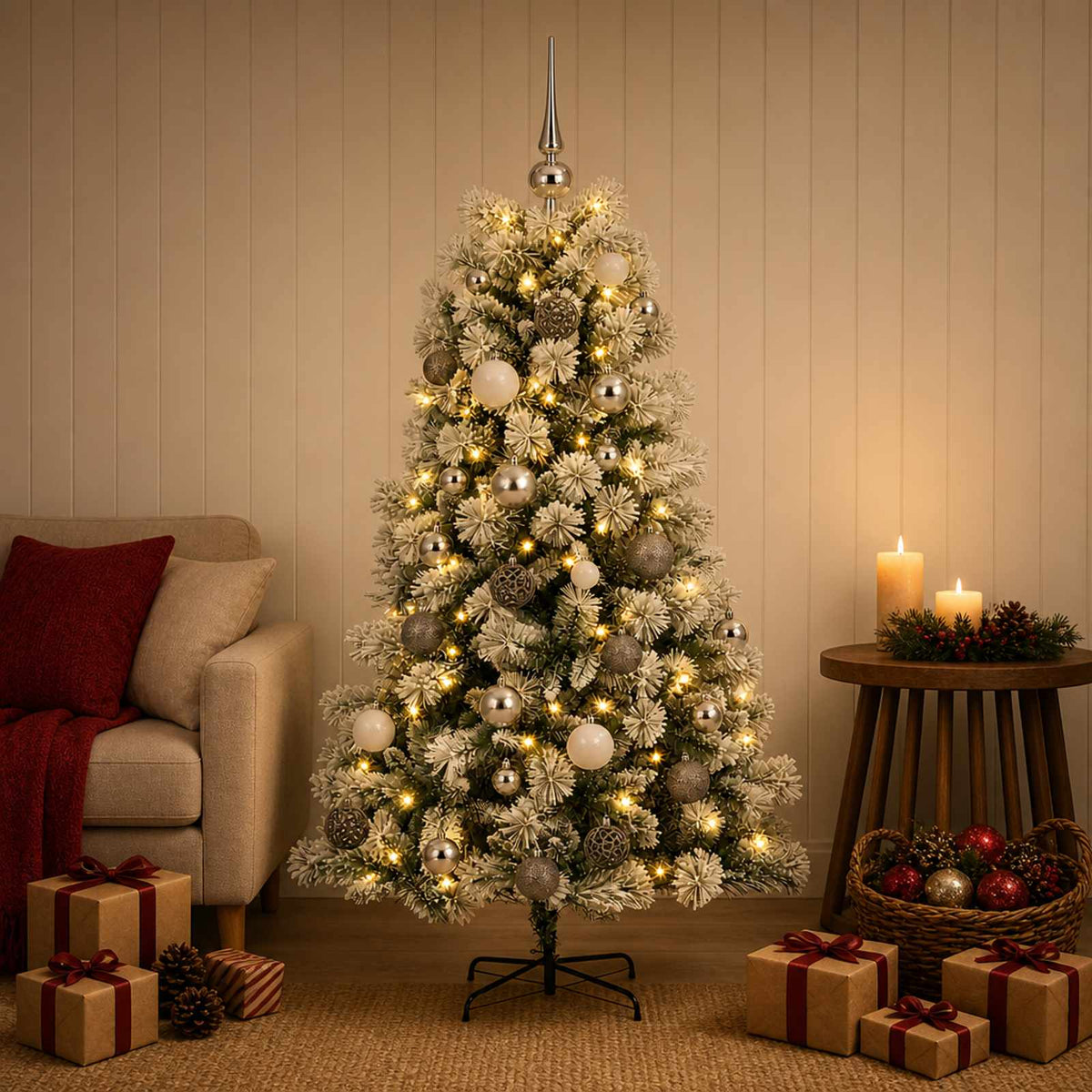 vidaXL Artificial Hinged Christmas Tree with Baubles 150 cm 150 LEDs