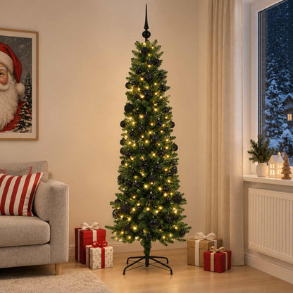 vidaXL Artificial Slim Christmas Tree with Bauble 210 cm 300 LEDs