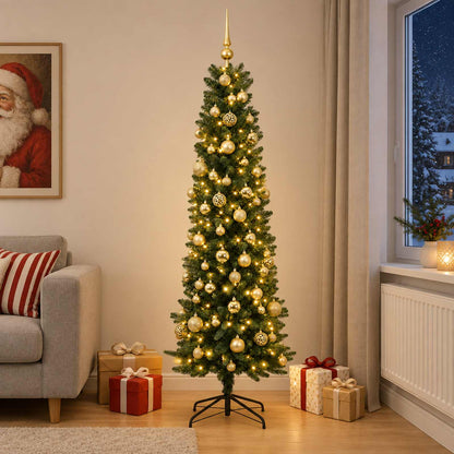 vidaXL Artificial Slim Christmas Tree with Bauble 180 cm 300 LEDs