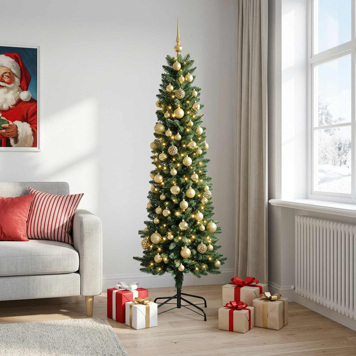 vidaXL Artificial Slim Christmas Tree with Bauble 180 cm 300 LEDs