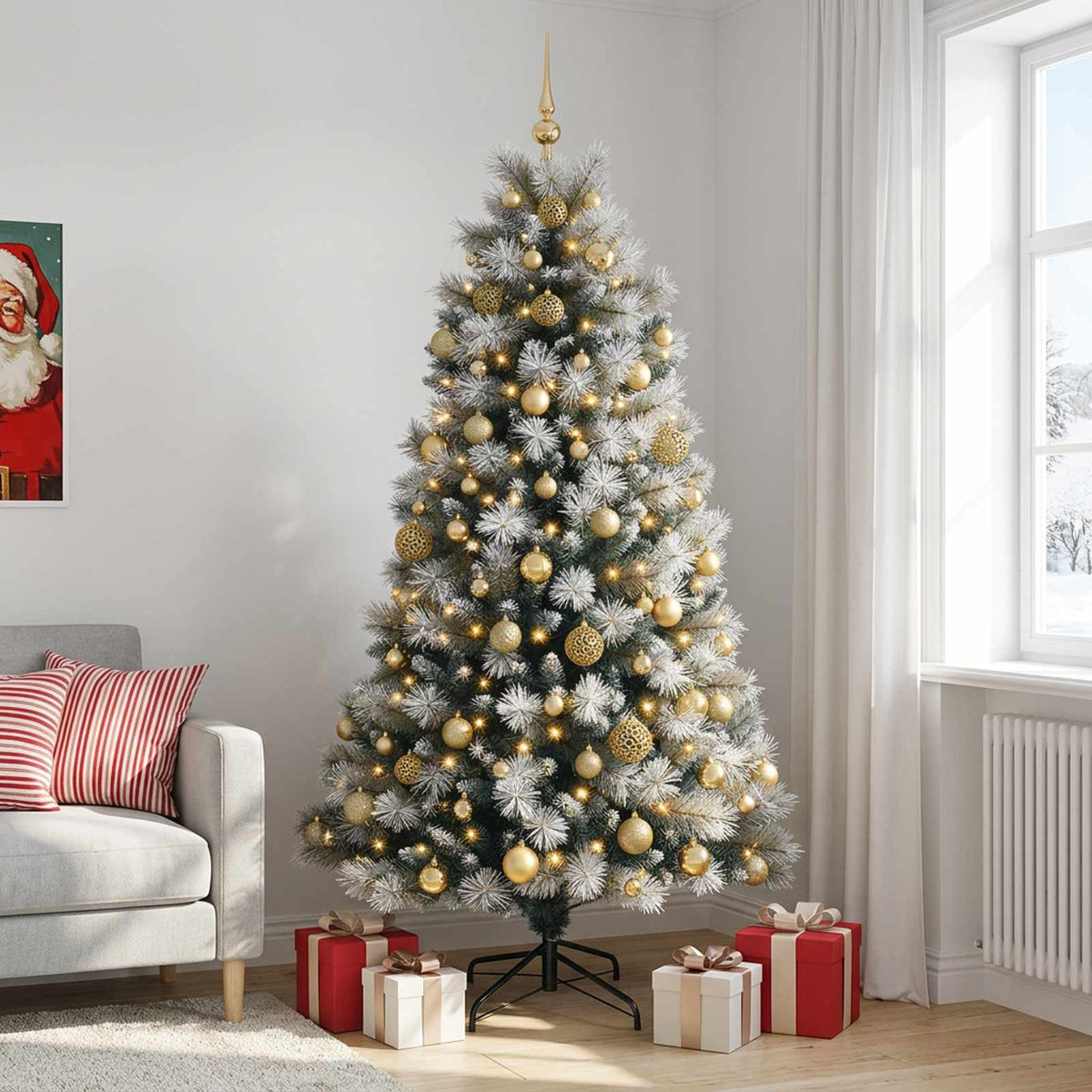 vidaXL Artificial Hinged Christmas Tree with Baubles 240 cm 300 LEDs