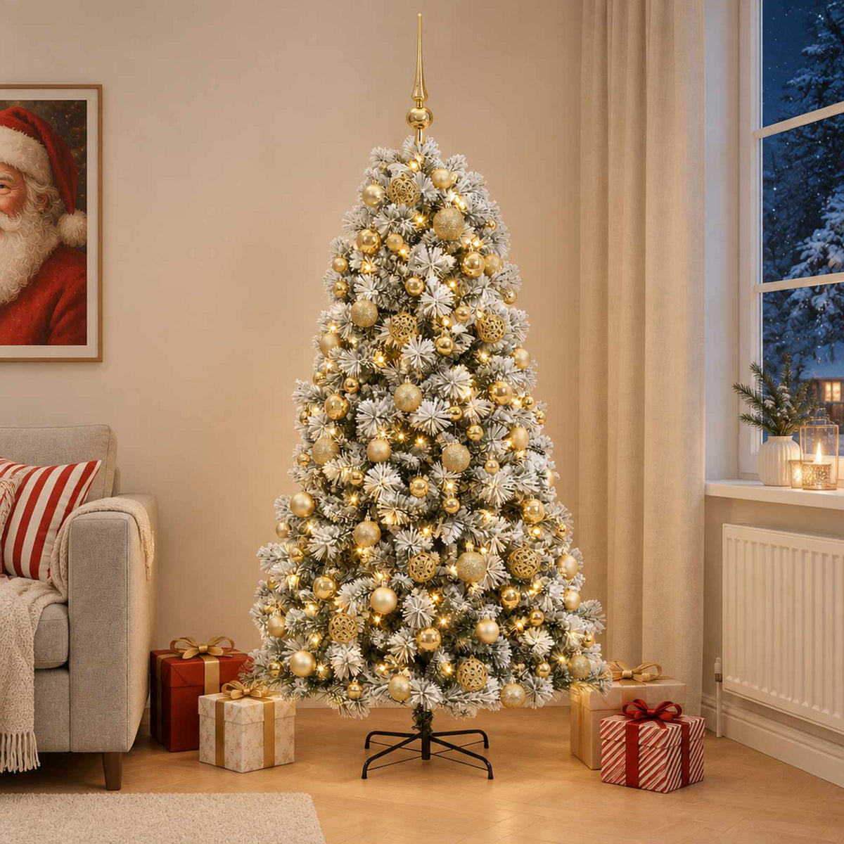 vidaXL Artificial Hinged Christmas Tree with Baubles 210 cm 300 LEDs