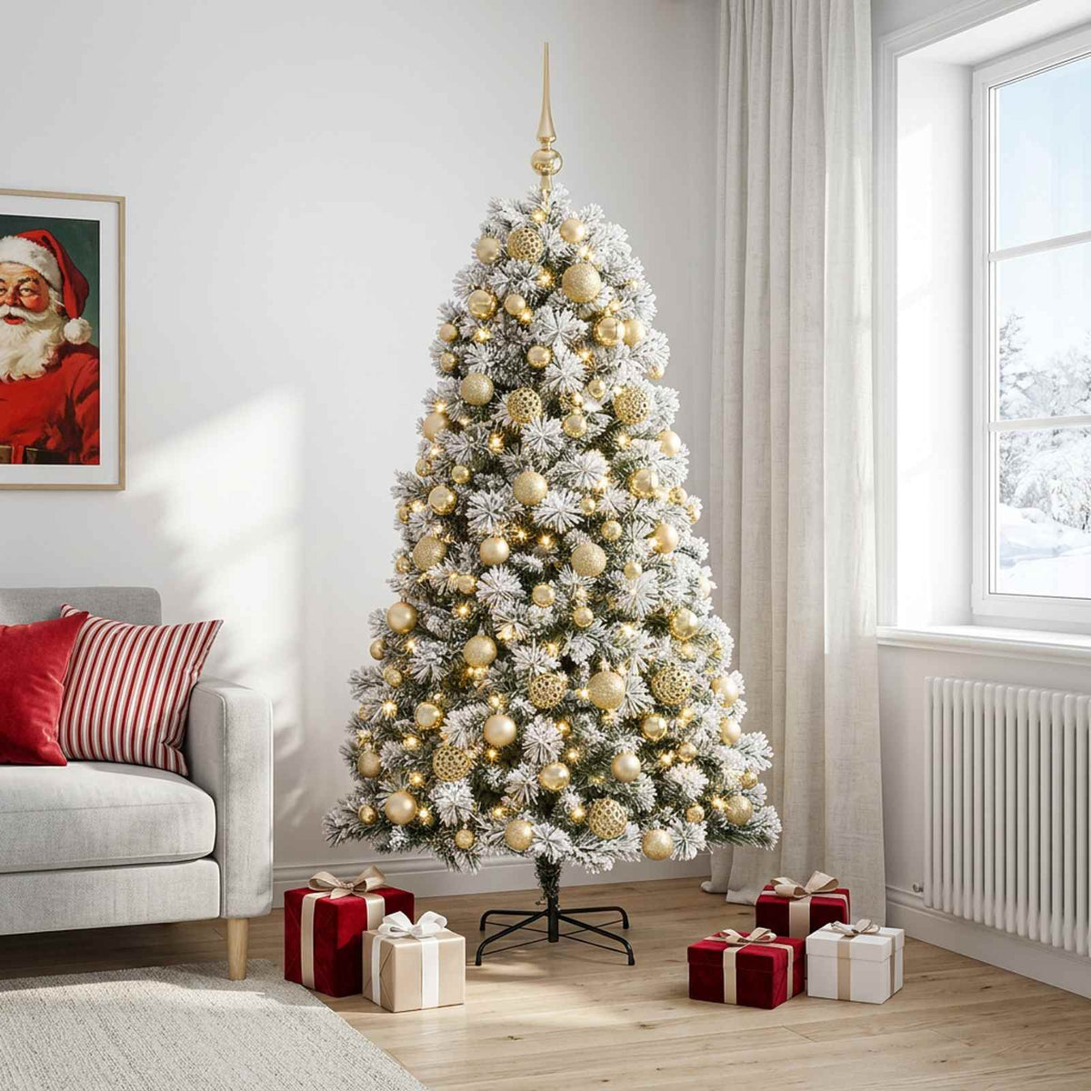 vidaXL Artificial Hinged Christmas Tree with Baubles 210 cm 300 LEDs