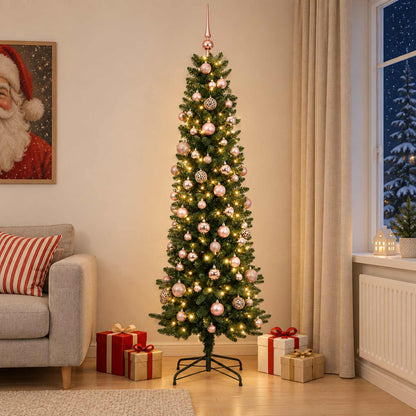 vidaXL Artificial Slim Christmas Tree with Bauble 180 cm 300 LEDs