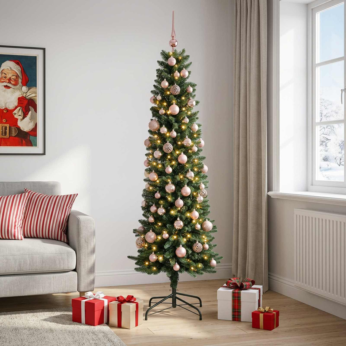 vidaXL Artificial Slim Christmas Tree with Bauble 180 cm 300 LEDs